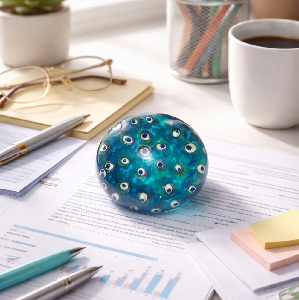 Blue and Green Peacock Glass Paperweight - Unsigned